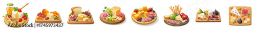 Charcuterie Board Vector Set — Realistic Cheese, Meat, and Fruit Platter Illustrations for Parties and Gatherings