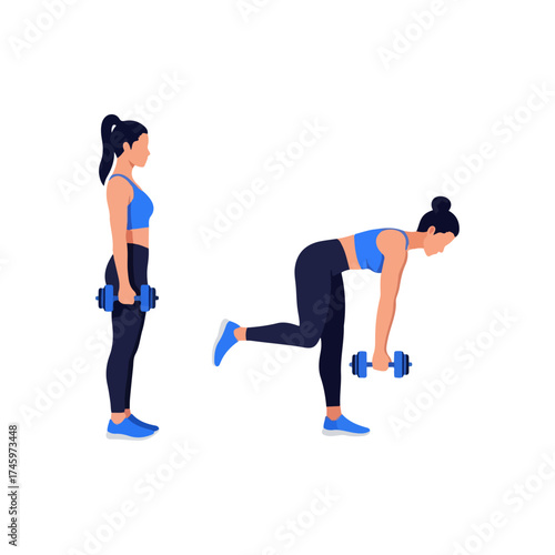 Woman Performing Dumbbell Romanian Deadlift Exercise Illustration.