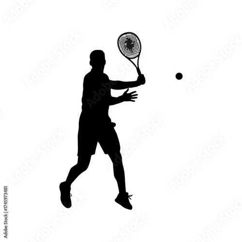 Silhouette of a male tennis player hitting a forehand shot.