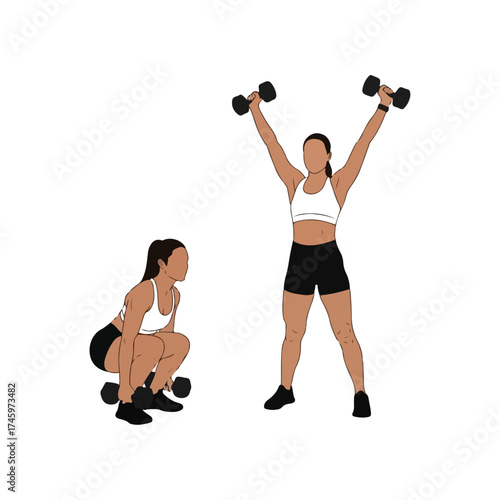 Woman performing dumbbell squats and overhead press for fitness.