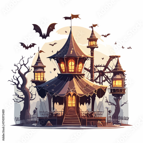 Spooky haunted carnival rides glow bats flying overhead