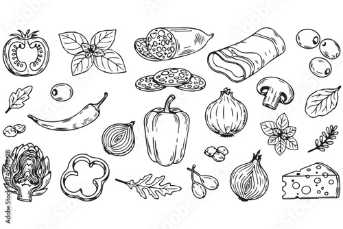 Assortment of black and white food ingredient illustrations, isolated on transparent background, featuring fresh produce and culinary items