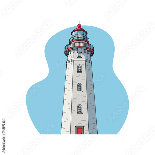 Tall white lighthouse stands against a blue sky background.
