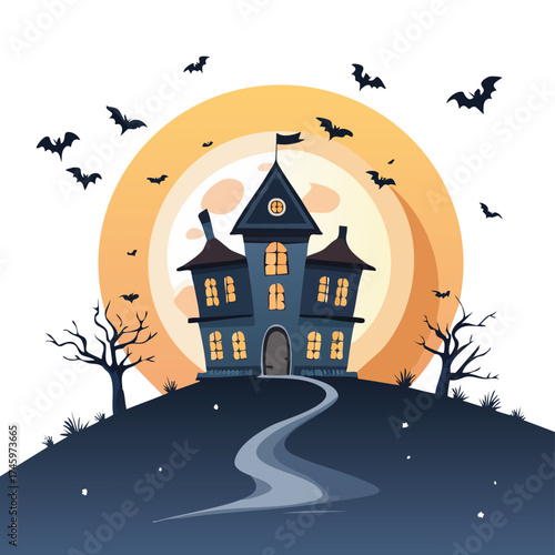 Spooky haunted house with bats flying around
