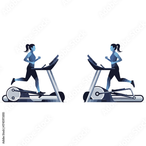 Two women running on treadmills in a gym setting.