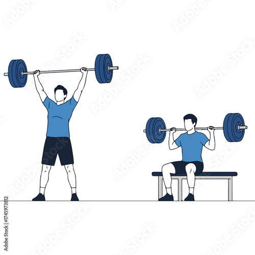 Weightlifting Exercises - Overhead Press and Bench Press with Barbell.