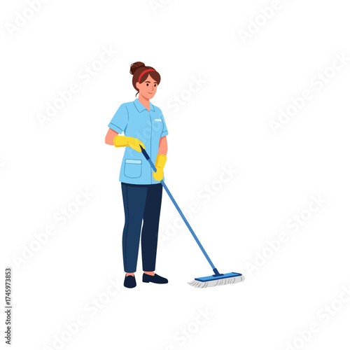 Woman in uniform cleaning floor with mop, focused on work.