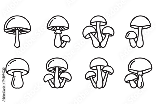 A set of eight simple black and white line art illustrations of various mushrooms, isolated on a transparent background