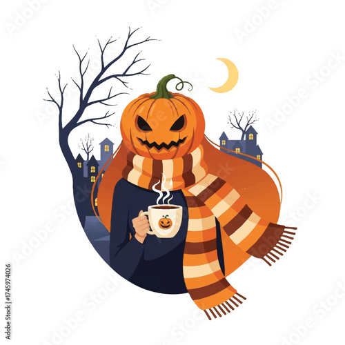 Illustration of a girl with a pumpkin head wearing a scarf and holding a hot beverage on a spooky autumn night with bare trees and a crescent moon.