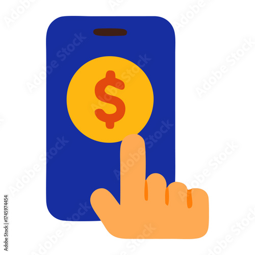 A hand tapping a smartphone screen displaying a dollar sign, symbolizing online payment transactions