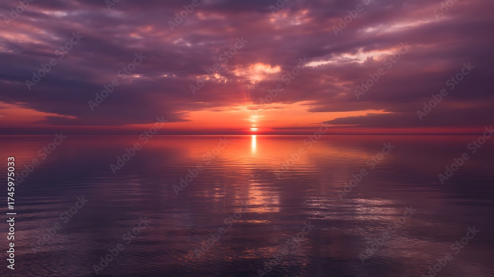 Fototapeta premium Dramatic Sunset Over Calm Ocean with Reflective Water and Purple Clouds image photo