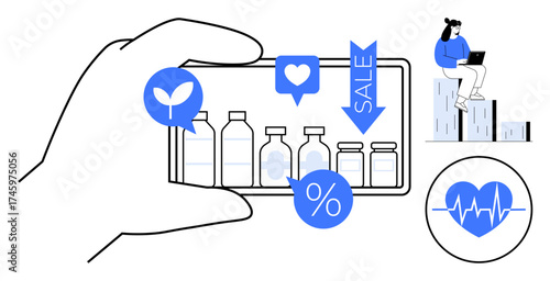 Hand holding smartphone displaying bottles, eco icon, sale tag, and percentage. Woman on laptop beside heart rate icon. Ideal for e-commerce, health, eco shopping, promotions digital marketing