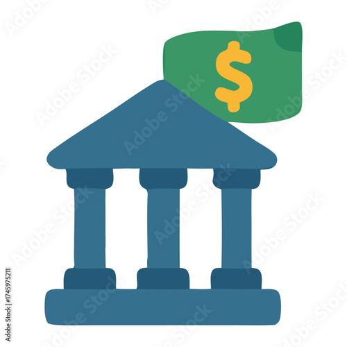 Illustration of a bank building with a dollar flag, symbolizing finance and economic stability