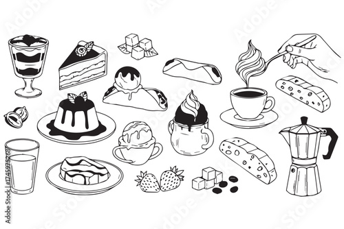 Assortment of delicious desserts and coffee drinks in a charming handdrawn sketch style isolated on transparent background