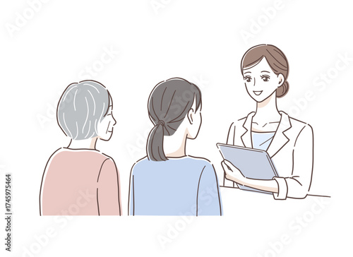 女性医師に説明を受ける親子のイラスト素材