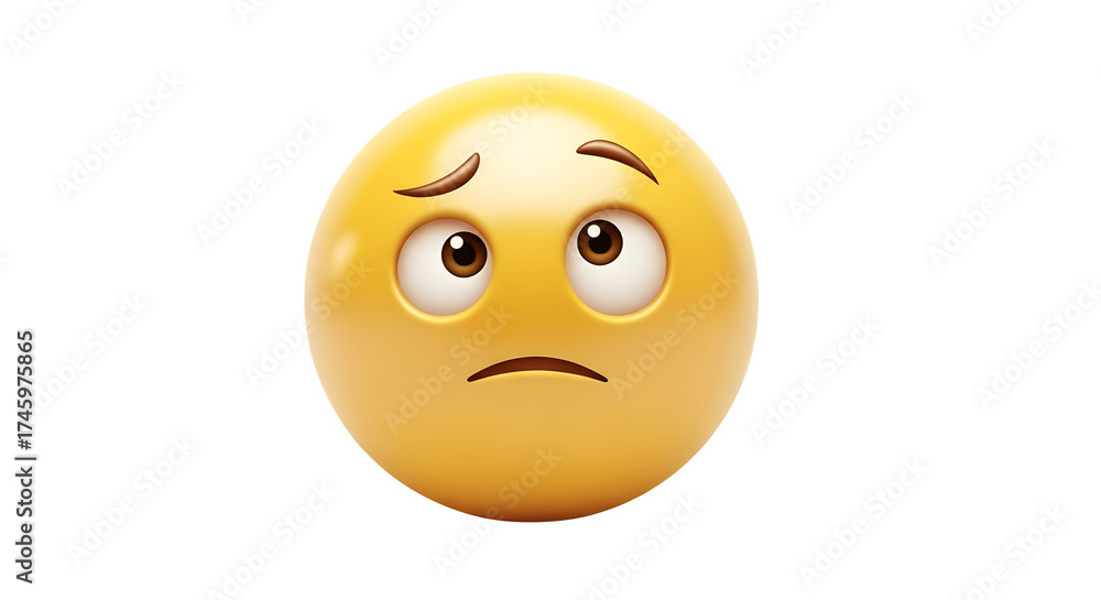 Fototapeta premium Cute 3D yellow emoji with a worried expression looking upwards.