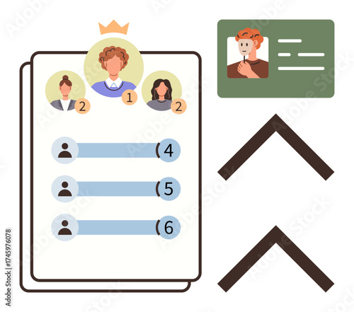 Ranking board with user avatars, scores, and crown icon. ID card and arrows included. Ideal for leadership, gamification, competition, evaluation teamwork achievement app design. Simple flat