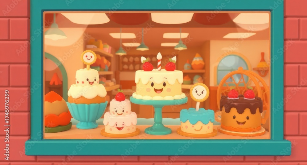 Fototapeta premium Sweet Cakes Displayed in Bakery Window.