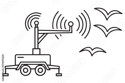 Mobile signal tower with birds flying near it, isolated on transparent background