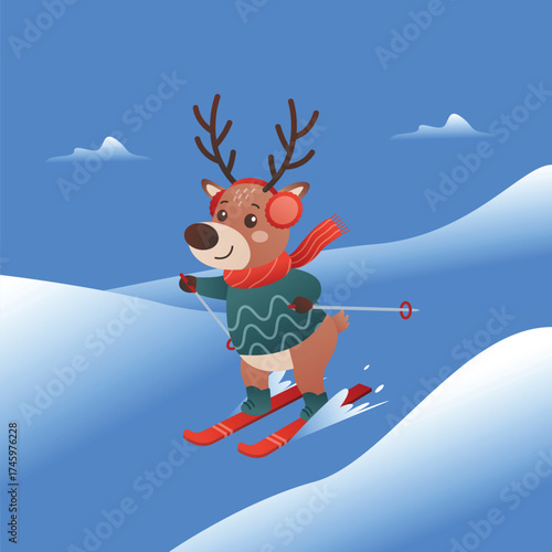 Cute Reindeer Skiing in Winter – Flat Vector Cartoon Illustration