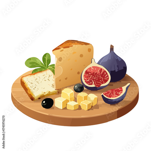 Cheese Board with Fresh Figs and Almonds — Gourmet Snack Vector Illustration