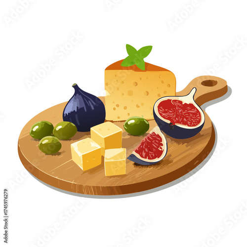 Cheese Board with Fresh Figs and Almonds — Gourmet Snack Vector Illustration