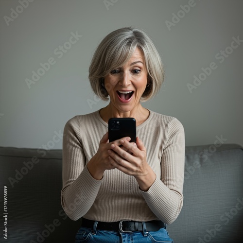Excited Middle-Aged Woman Looking at Smartphone on Couch