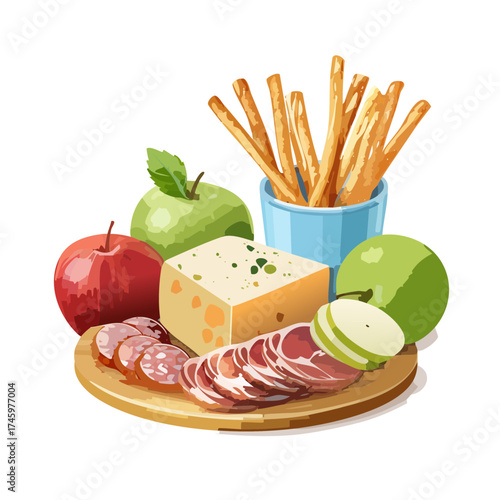Charcuterie Board with Cheese, Apples, and Breadsticks — Gourmet Snack Platter Vector Illustration
