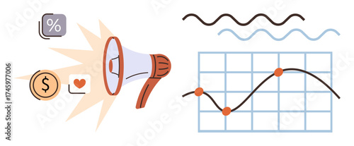Loudspeaker amplifying notifications of percentage, money, and engagement symbols alongside a line graph. Ideal for marketing, advertising, promotions, strategy, analytics, trends growth concepts