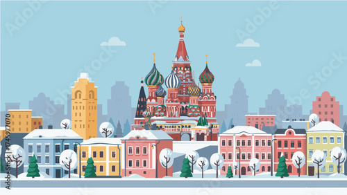Old Russian City with Orthodox Cathedral and Winter Landscape