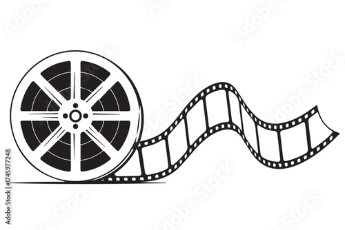 Vintage film reel with a strip of movie film unwinding, isolated on transparent background