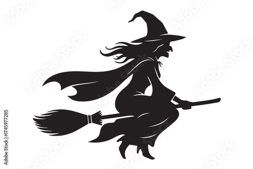 Silhouette of a witch flying on a broomstick isolated on transparent background