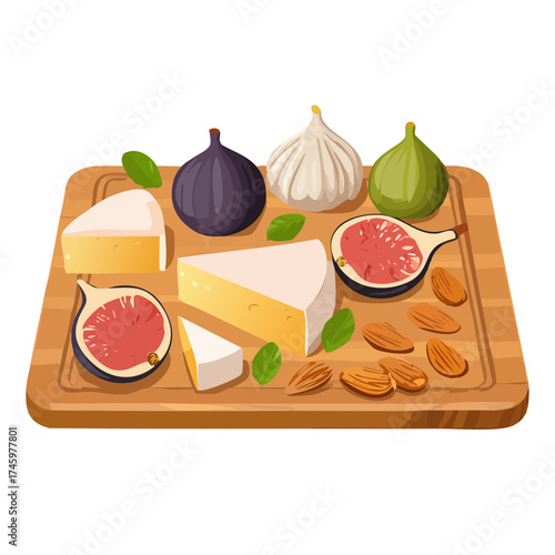 Cheese Boards with Fresh Figs and Almonds — Gourmet Snack Vector Set
