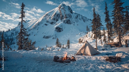 Snowy mountain camping scene