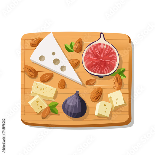 Cheese Board with Fresh Figs and Almonds — Gourmet Snack Vector Illustration