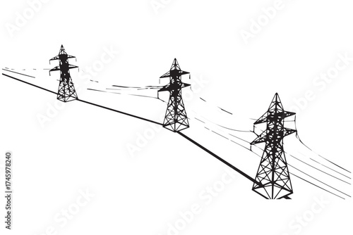 Three electricity pylons with power lines stretching across a landscape, conveying energy transmission isolated on transparent background