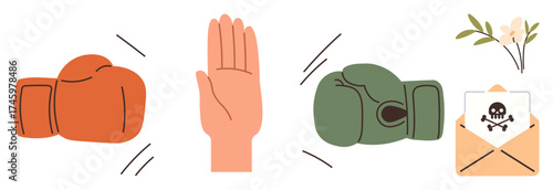 Red and green boxing gloves, open hand signaling stop, and an envelope with a flower symbolizing peace. Ideal for conflict, communication, negotiation, aggression, peace-building, resolution