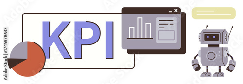 KPI lettering, pie chart, analytics dashboard, and robot. Ideal for data analysis, performance tracking, automation, tech strategy AI innovation operational insights business growth. Simple flat
