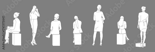 Set of executive women standing and sitting, back view from CAD drawings for architectural models and illustrations, editable line vector