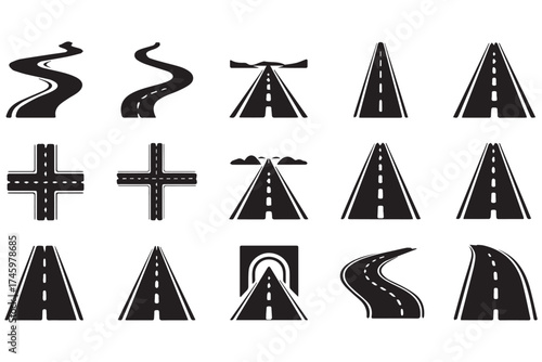 Assortment of road and street icons isolated on transparent background, depicting different pathways, intersections, and curves