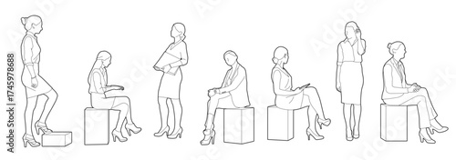set of working women in formal wear in side views editable vector illustration