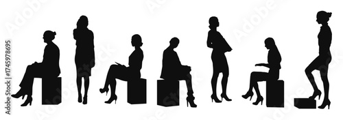 silhouettes of women from the side standing and sitting in formal clothes CAD illustration in editable vector lines
