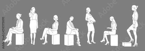 Set of CAD drawings for architectural models and illustrations, executive women standing and sitting, workers side view, editable line vector
