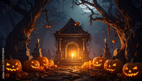 Spooky Halloween graveyard scene with jack o lanterns, a creepy mausoleum, and eerie moonlight illuminating the dark night