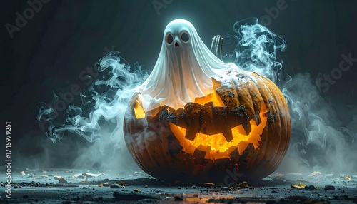 Spooky ghost emerges from glowing jack o lantern casting eerie shadows and swirling smoke perfect for Halloween celebrations
