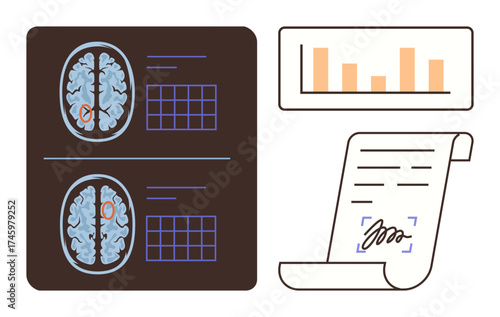 Brain imaging scans with highlighted regions, data charts depicting findings, and a signed document. Ideal for healthcare, research, neurology, diagnostics, analytics, decision-making agreements
