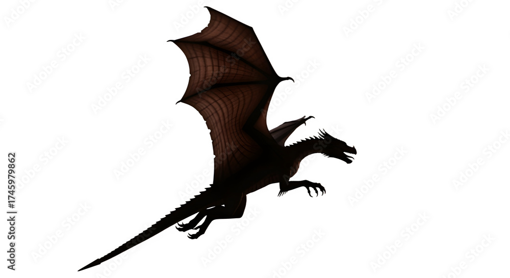 Fototapeta premium Silhouette of a majestic dragon in flight wings spread wide.