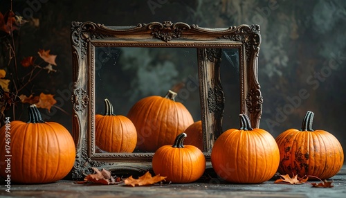 Harvest bounty gleams with vibrant pumpkins arranged elegantly before an ornate antique mirror reflecting autumnal beauty and festive spirit