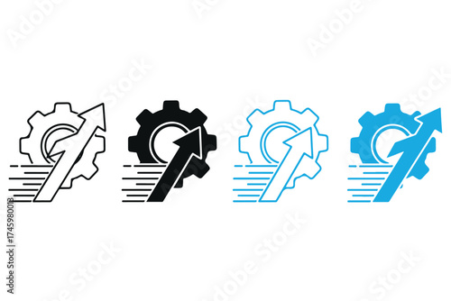 Four stylized icons representing business growth and efficiency, featuring gears and upward trending arrows in various color schemes isolated on transparent background