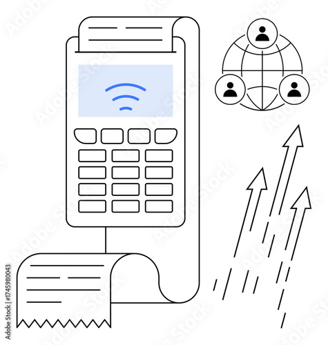 Payment terminal with printed receipt, wireless signal, networking connections, and upward arrows. Ideal for technology, finance, commerce, online transactions, growth retail and digital tools